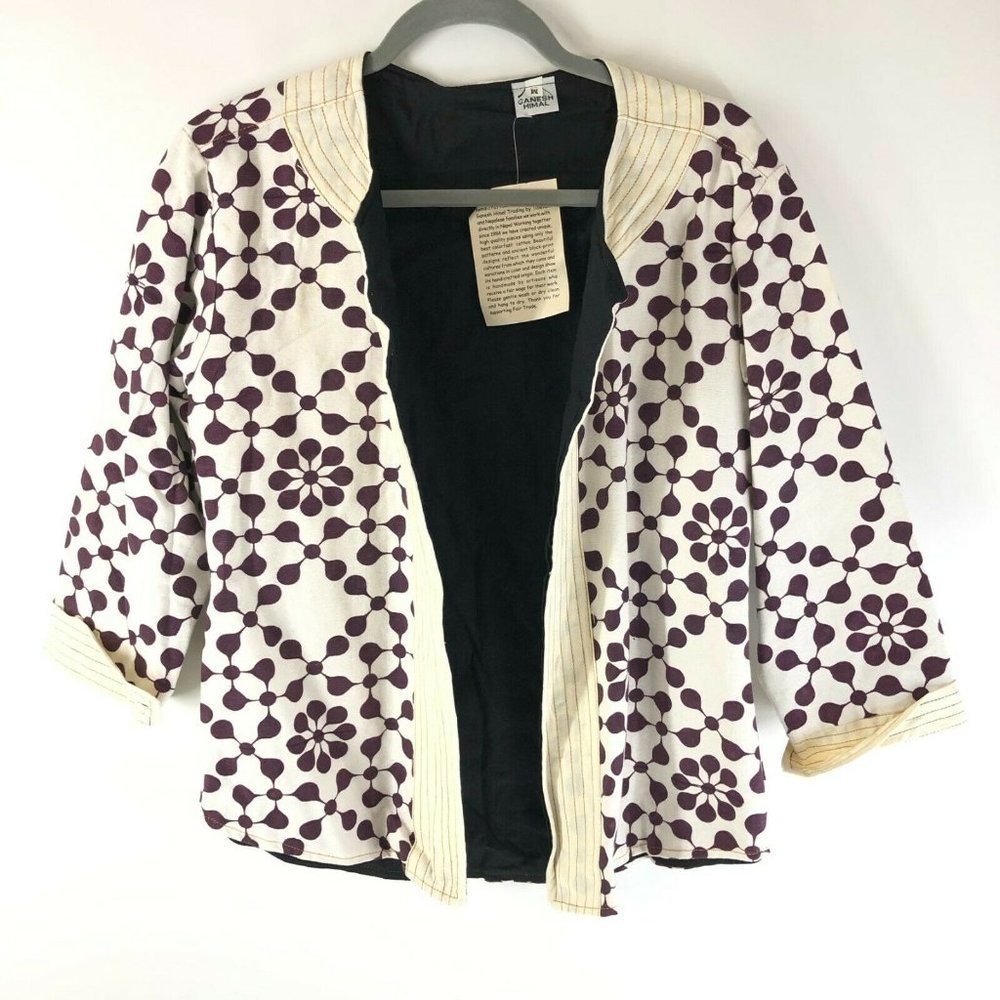 Ganesh Himal Womens Jacket Open Front 3/4 Sleeve Handmade Purple White Size M